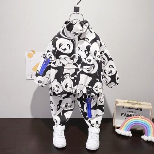New Toddler Boy Cute Panda Full Print Clothing Set Pocket Pullover Tops+ Pants 2PCS Sets Kids Spring Autumn Causal Tracksuit
