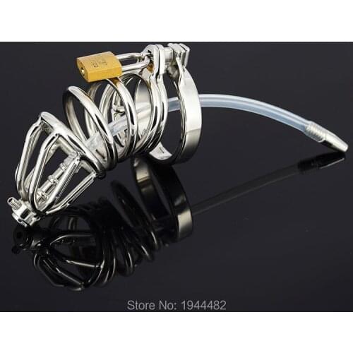 SODANDY Chastity Belt Male Double Penis Rings Stainless Steel Chastity Cage With Silicone Tube Urethral Sounding Dilator