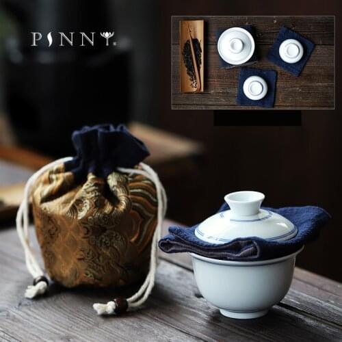PINNY White Porcelain Portable Teaware Sets 150ml Gaiwna 50ml Teacups With Bag Chinese Kung Fu Tea Set Handmade Travel Drinkware