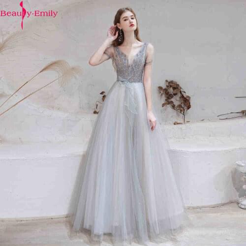 New Arrival Simple Sequined Lace Light Gray Women Evening Dresses Long 2021 Sexy V Neck Lace Up Back Wedding Dress Vestidos