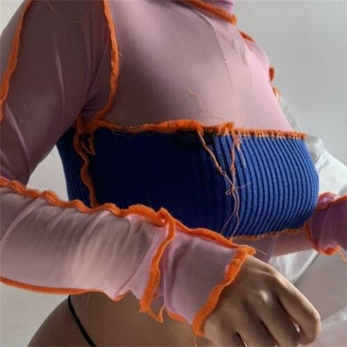 Bodycon Casual Women T-shirts Autumn Top Streetwear Long Sleeve Crop Top Turtleneck Sexy Patchwork Hem Asymmetric Slim