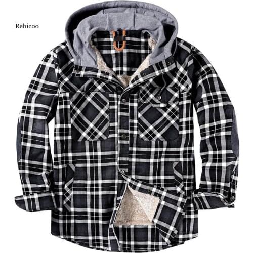 Autumn and Winter New Jacket Mens Fake Two-Piece Plaid Shirt Hooded Casual Washed Plus Velvet Jacket