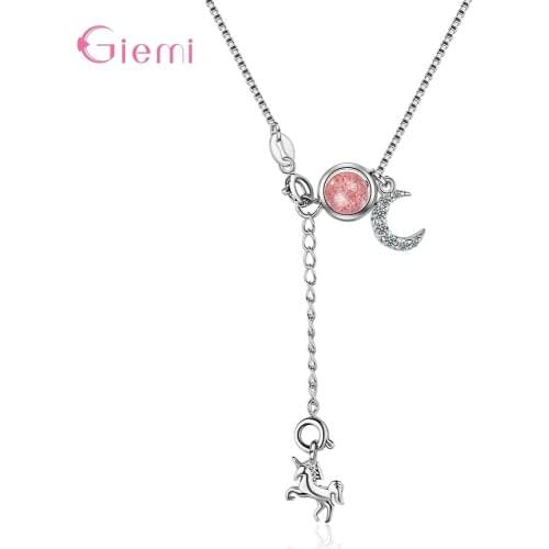 Simple Vogue 925 Sterling Silver Zirconia Moon Unicorn Pendant Necklace for Women Girl Peronality Moonstone Jewellry