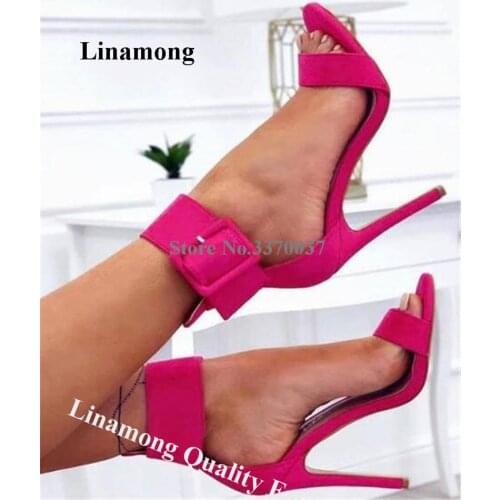 Linamong Beautiful Suede Leather Stiletto Heel Gladiator Sandals Ankle Strap Big Buckle Rose Red High Heel Sandals Dress Shoes