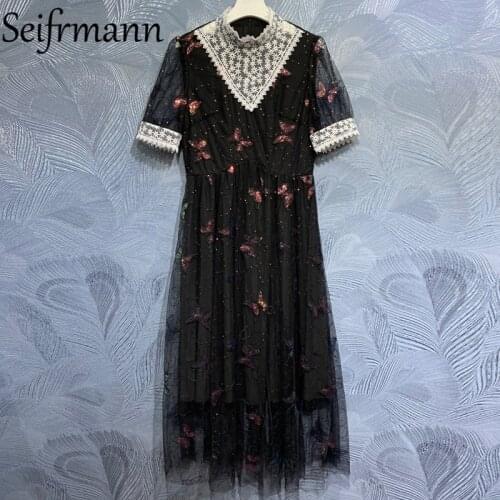 Seifrmann New 2021 Summer Women Fashion Designer Party Long Dress Lantern Sleeve Gorgeous Lace Sequined Elegant Mesh Dresses