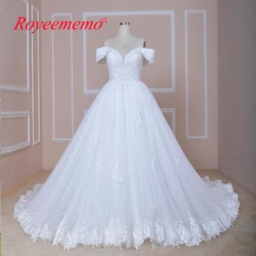 2020 stock wedding dress ready for ship good church train lace desgisn off shoulder bridal gown Novias