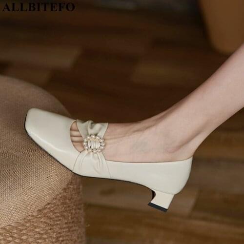 ALLBITEFO Butterfly-knot Soft Genuine Leather Women Heels Shoes Spring Fashion Leisure Girls Comfortable High Heel Shoes