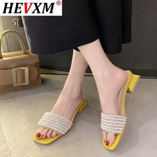 Shoes Women New Thick Heel Sandals Pearl Female Fashion Wild Slippers Square Heel String Bead Zapatillas Mujer Casa