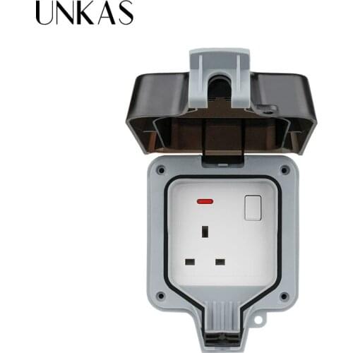 UNKAS IP66 Weatherproof Waterproof Outdoor Wall Power Switched Socket 13A UK Standard British Electrical Outlet With Neon