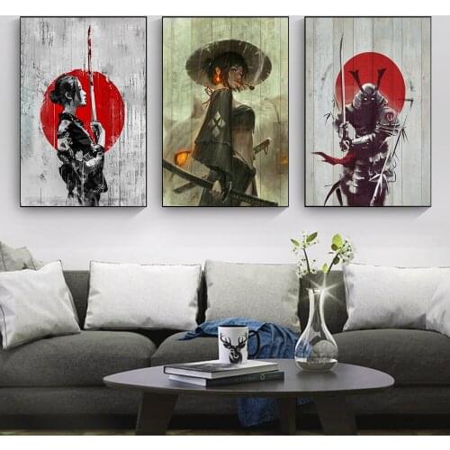 Japanese Art Geisha Swordwork Samurai Warrior Warrior woman Posters And Prints Wall Poster HD Canvas Art Print living Room Decor