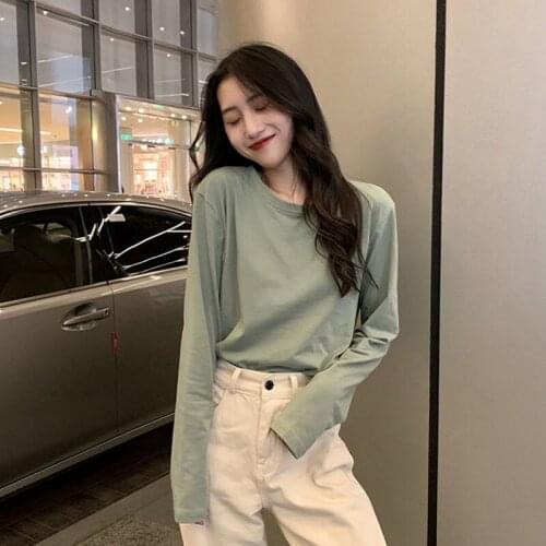 2021 spring and autumn womens thin solid color long sleeve t-shirt female student Korean loose ins top womens fashion