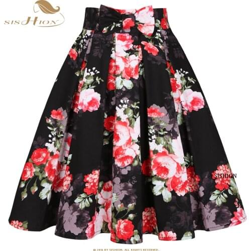 SISHION 2021 Summer Floral Print Women Skirt SS0012 High Waist Y2K Plus Size Pleated Bow Pocket Femme Jupes Midi Black Skirt
