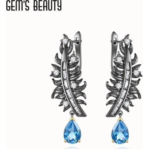 Gems Beauty Unusual Earrings For Women 925 Sterling Silver Statement Wedding Jewelry 2021 Trend New Swiss Blue Topaz Feather