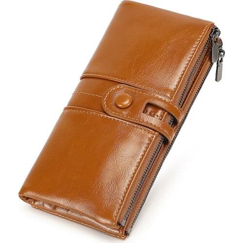 Vintage Oil Wax Leather Wallet For Women Rfid Double Zipper Long Card Holder With Phone Pocket Ladies Clutch Coin Purse