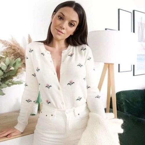 Cardigan 2021 autumn knitted fashion embroidery flowers single breasted o-neck long sleeve white black sweater outwear women top