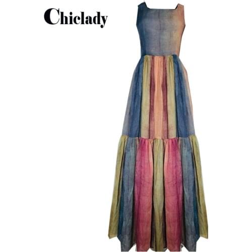 CHICLADY runway designer backlesss block colour long dress lady elegant laxury linen striped patchwork party night maxi dresses