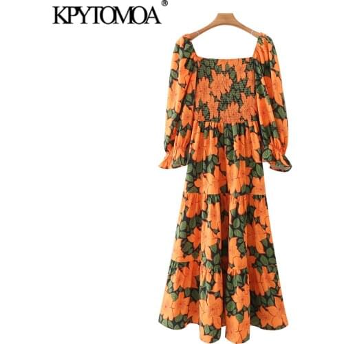 KPYTOMOA Women 2021 Fashion Floral Print Smocked Elastic Midi Dress Vintage Square Collar Long Sleeve Female Dresses Vestidos