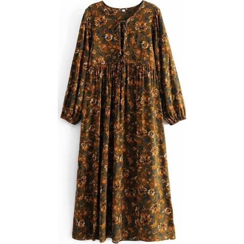 Womens Dress Bohemian Style for Summer Holiday with Printed Flora Tassels and Long Sleeves Viscose Fabric