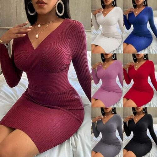 Autumn New Womens Sweater Dress Long Sleeve Deep V Neck Slim Pullover Clothing Solid Knitted Cotton Skinny Bodycon The Dress