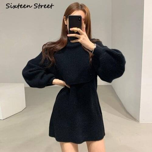 Dress for women Korean fashion winter high waist turtleneck lantern sleeve sweater knitted 2 piece set y2k vestido de mujer 2021