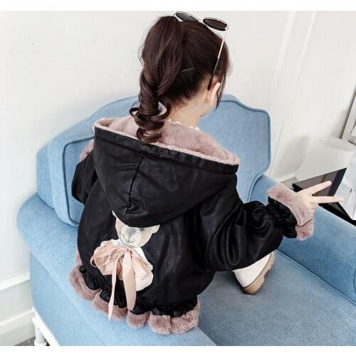 Baby Girls Winter Clothes Keep warm Hooded Coats Cartoon Bear Patch Cotton padded jacket Childrens garment Plush Leather Jacket