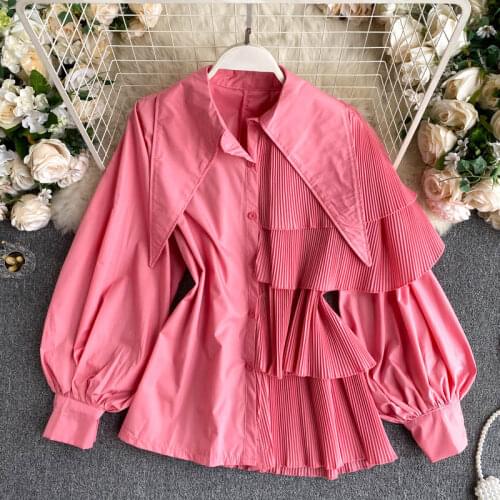 2021 Fashion Streetwear Autumn Shirts Irregular New Design Solid Puff Sleeves Pleated Ruffles Top Women Blouses