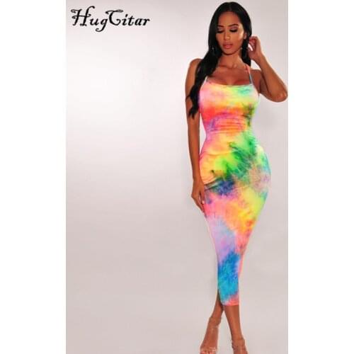 Hugcitar tie dye slip backless sexy 2019 summer autumn women fashion high waist slim party elegant bodycon midi dress