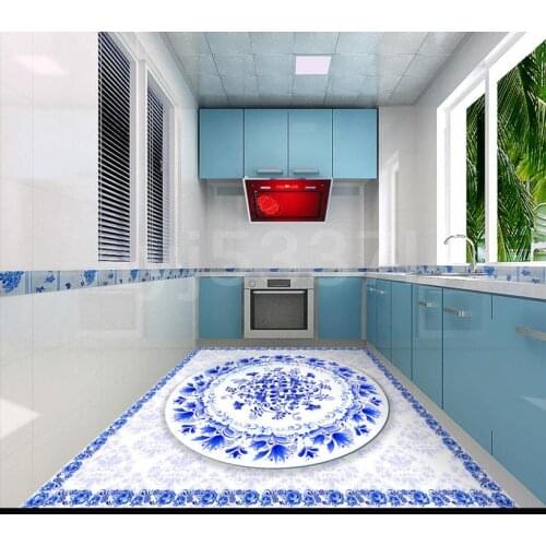 Custom 3d floor decals blue and white floor murals wear non-slip self-adhesive pvc vinyl floor tile