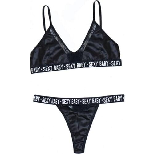 Women Exotic Underwear Sets SEXY BABY Letter Printing Spaghetti Straps V-Neck Bra + High-Waist Hollow-Out Panty for Girlfriend