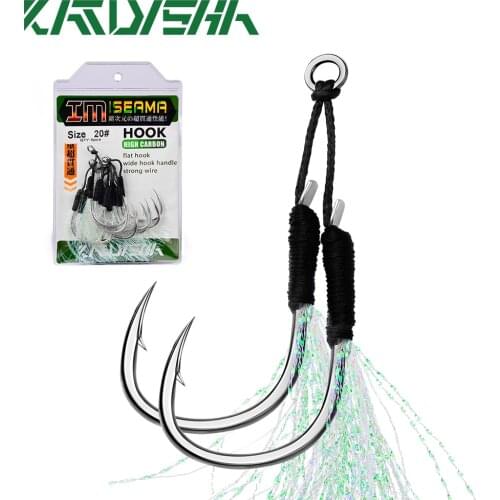 KATYUSHA 5Pair/lot Jigging Fishing Assist Hooks 11-13-15-16-17-18-19-20# Luminous Double Barbed Jig Fishhooks with Glow Feather