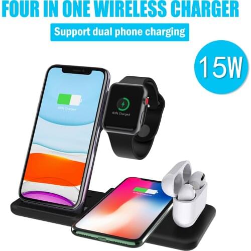 15W Qi Fast Wireless Charger Stand for IPhone 11 12 for Apple Watch 4 In 1 Foldable Charging Dock Station for Airpods Pro