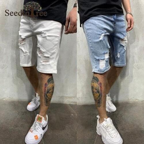 Summer Mens Jeans Solid Color Slim Ripped Denim Middle Pants
