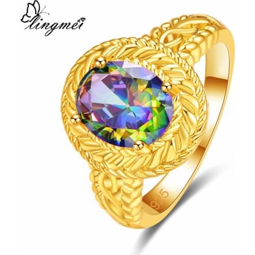 Lingmei Gorgeous Party Solitaire Style Trendy Wedding Rings Oval Zircon Jewelry Silver Color Yellow Gold Color Ring Size 6-9