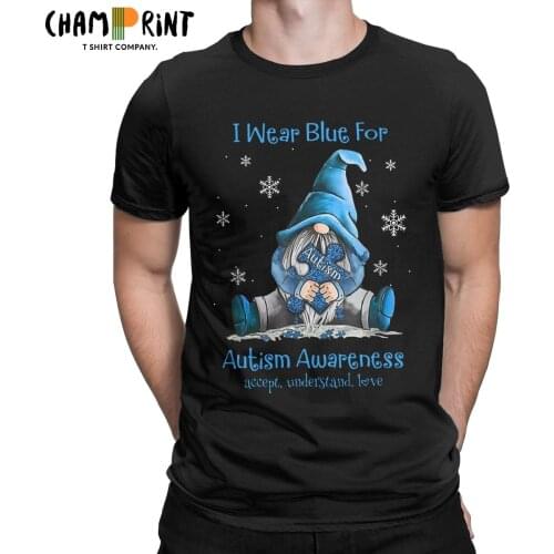 I Wear Blue For Autism Awareness T-Shirts for Men Accept Understand Gnomes Novelty Tees Round Collar T Shirt Plus Size Clothes