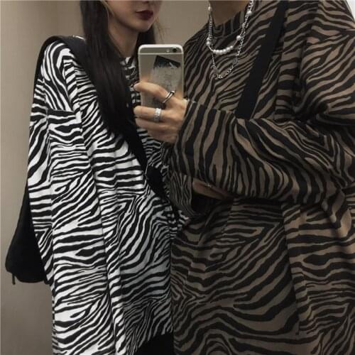 Harajuku zebra striped long-sleeved T shirt unisex couple hip-hop tee spring/ autumn kopp Korean style oversized top Streetwear