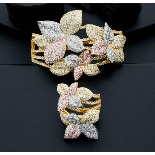 ModemAngel Luxury Leaf Flower Full Micro Paved Cubic Zircon 3Tone Copper Bangle And Ring Set Wedding Engagement Bridal Party