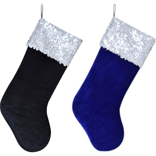 2pcs Christmas tree Decoration Sequin Glitter Cuff Christmas stocking with velvet socks blue and black Color