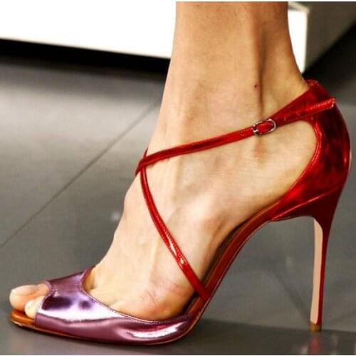 Moraima Snc Red and Violet Cross Over Stiletto Heels Sandals Summer Peep Toe Mixed Colors Thin Heels Shoes Gladiator Sandal