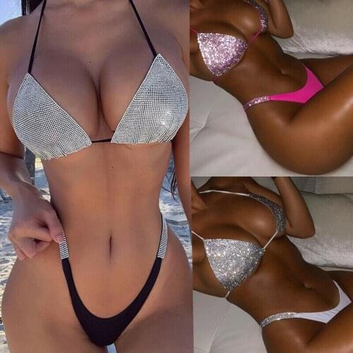 Sexy Women Glitter Rhinestone Crystal Bikini Sets Diamond Push-up Bikini Set Bra Swimsuit Swimwear