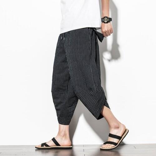 Mens Cotton Striped Harem Pants Japanese Korean Vintage Trousers Casual Track Loose Hip Hop Bloomers Fashion Male Trouser