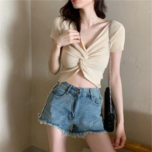 Chic Summer Backless Cross Design Women Short Sleeve T-Shirts Plain Knitted Fashion Party Crop Top