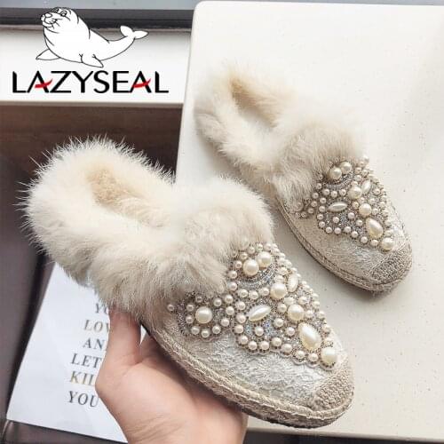 LazySeal Mules Warm Winter Real Fur Women Shoes Bling Crystal Pearl Slides Flat Heel Lazy Cane Women String Bead Shoes For Women