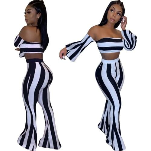 Striped One Shoulder 2 Piece Set Women Moda Feminina Flared Sleeve Blouse crop top Flared Trouser Set Night Club Outfits 2020