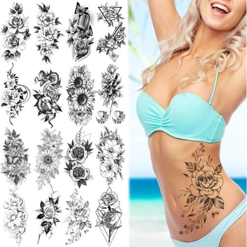 Waterproof Temporary Tattoo Sticker Flowers Snake Butterfly Rose Fake Tatoo Back Belly Flash Tatto Body Art for Women Men