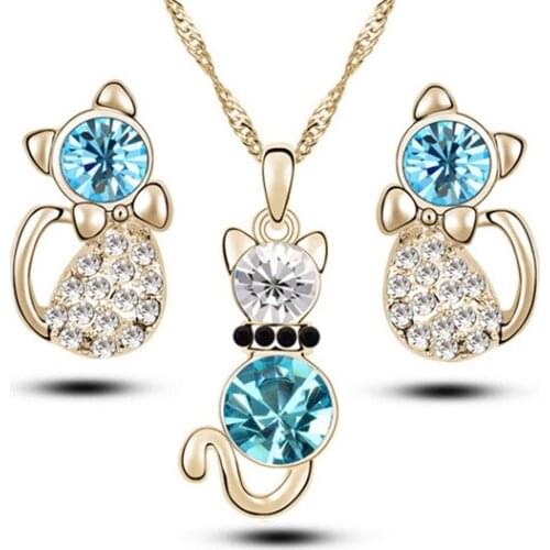 SHUANGR Fashion Jewelry Sets accessories bridal Gold Color Kitten Shape Austrian Crystal Necklace Earrings Jewelry
