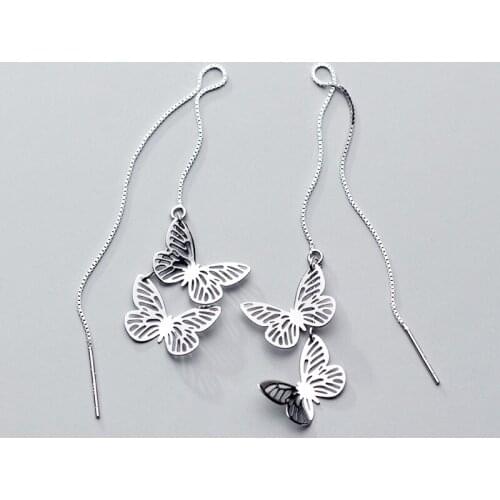 925 Sterling Silver Butterfly Chain Tassel Stud Earrings Women Earrings Summer Beach Party Jewelry Accessories