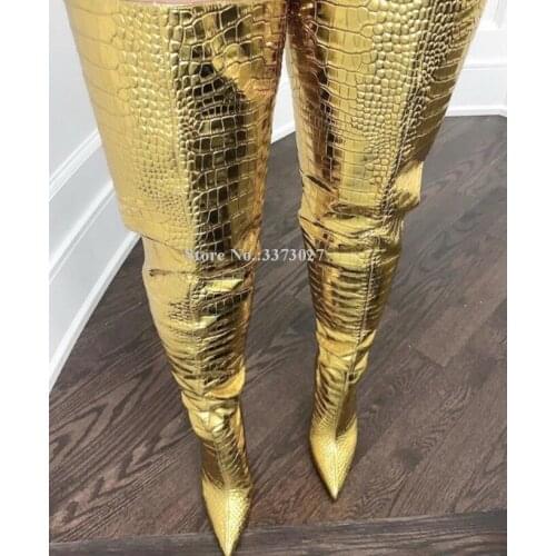 Woman Real Photos Crocodile Leather Long Boots Sexy Pointed Toe Stiletto Heel Over the Knee Boots Lady Best Design Banquet Shoes