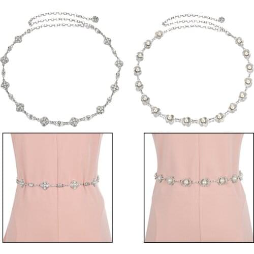 Women Pearls Metal Waist Chain Belt For Wedding Bridal Dress Gown Silver