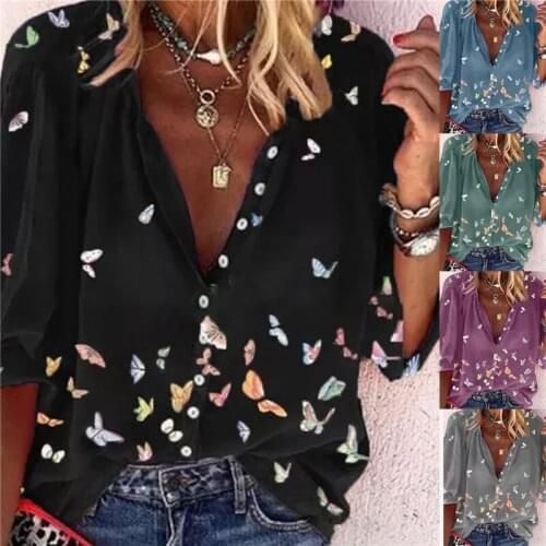2021 Summer Tops Women Tops Shirts Ladies Casual V-Neck Long Sleeve Female Top Butterfly Print Buttons Shirt For Women