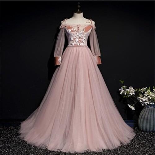 Robe De Soiree A-Line Pink Evening Dresses Long Dress Formal Dress Vestido De Festa Long Sleeve Evening Dress 2021 New Fashion